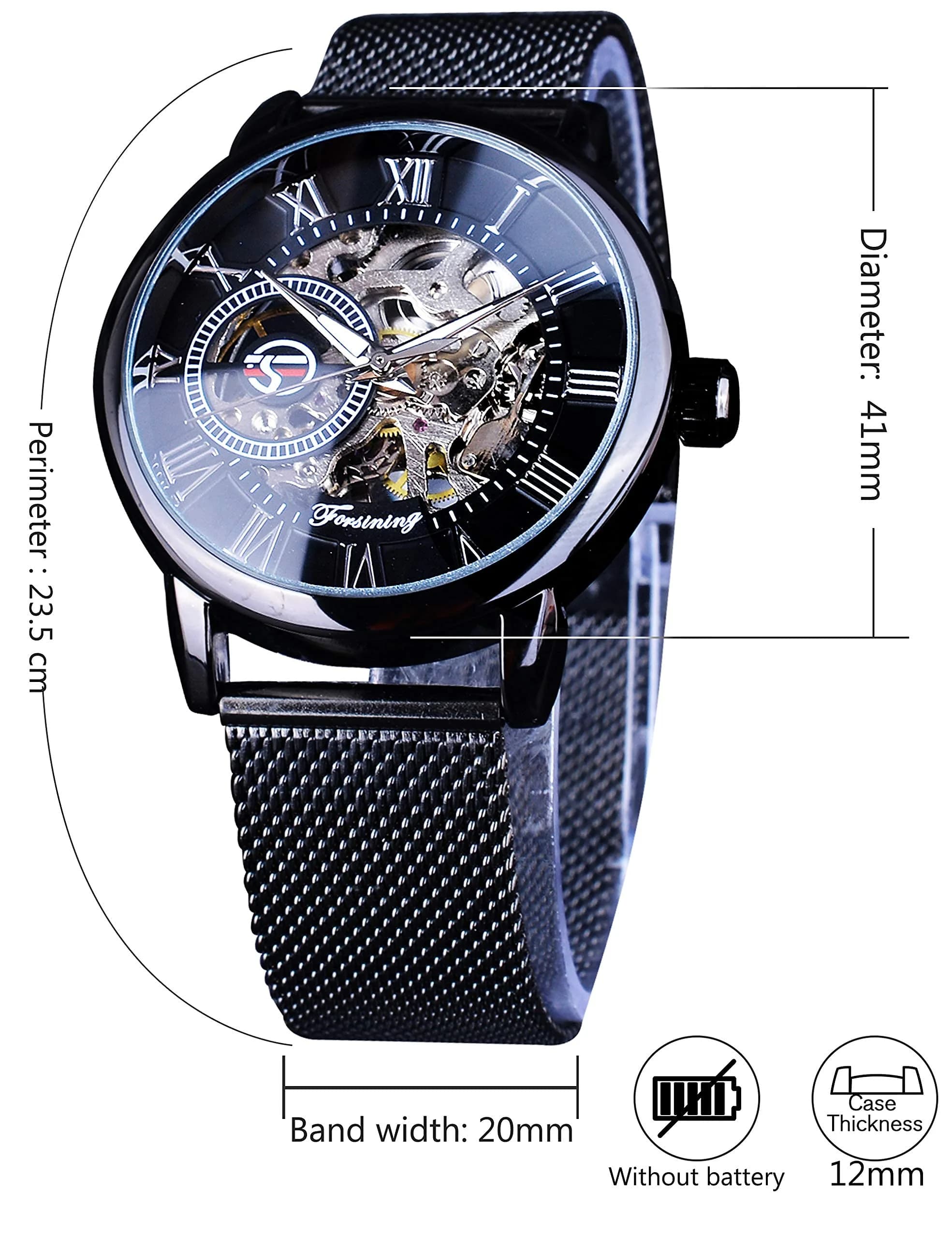 FORSINING Men's Mechanical Skeleton Watch 41mm (1.61 in) Black | Retro Design with Roman Numerals thumbnail 3