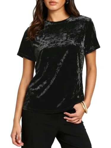 Urban CoCo Women's Crew Neck Velvet Top Short Sleeve T-Shirt Black | Retro Style, Soft Polyester Blend thumbnail 1