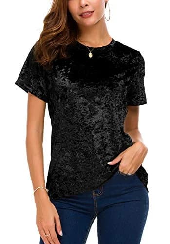 Urban CoCo Women's Crew Neck Velvet Top Short Sleeve T-Shirt Black | Retro Style, Soft Polyester Blend thumbnail 4