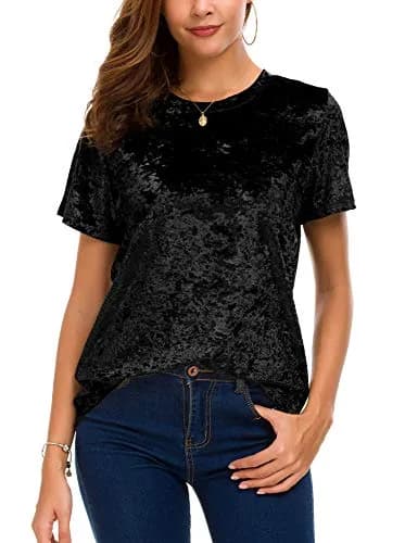 Urban CoCo Women's Crew Neck Velvet Top Short Sleeve T-Shirt Black | Retro Style, Soft Polyester Blend thumbnail 5