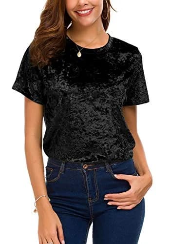 Urban CoCo Women's Crew Neck Velvet Top Short Sleeve T-Shirt Black | Retro Style, Soft Polyester Blend thumbnail 2