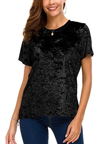Urban CoCo Women's Crew Neck Velvet Top Short Sleeve T-Shirt Black | Retro Style, Soft Polyester Blend thumbnail 3