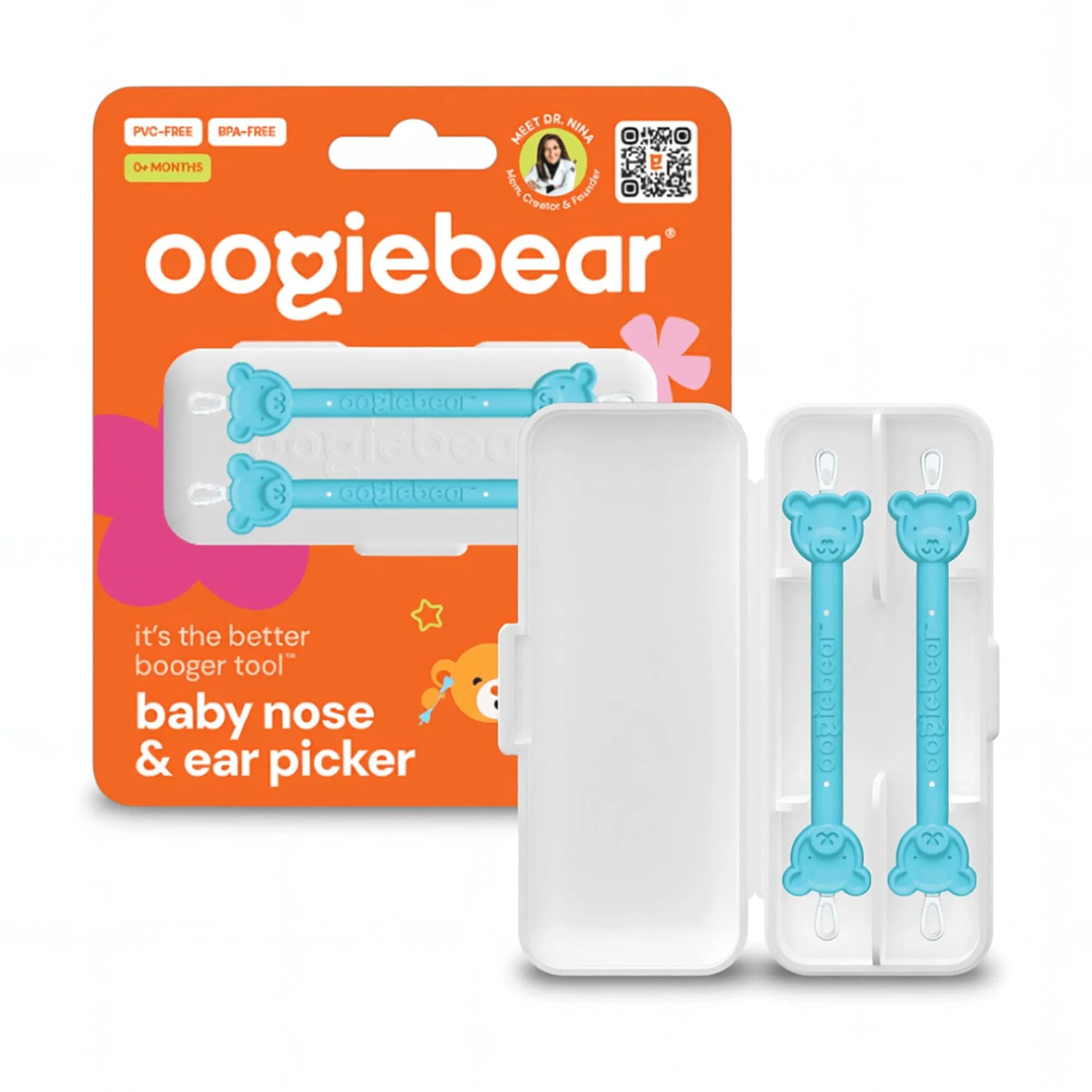 oogiebear Baby Nose & Ear Picker with Travel Case, 2-Pack Blue | Safe Dual-Ended Nasal & Ear Cleaner for Newborns & Toddlers — Blue W/ Case