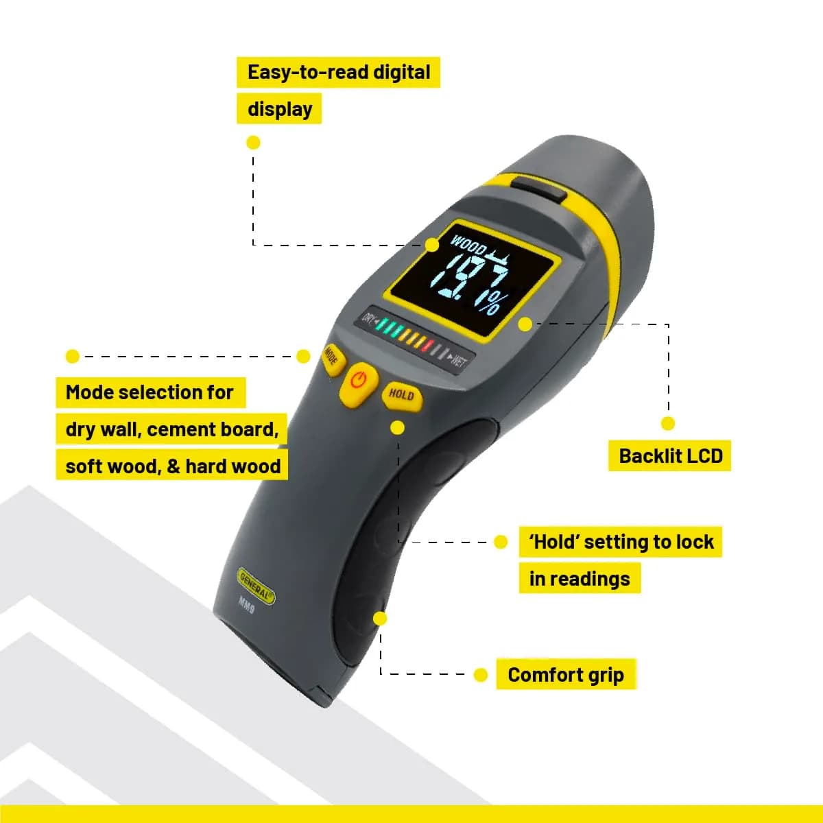 General Tools MM9 Pin & Pinless Moisture Meter | Detects Moisture in Wood, Walls & Drywall - view 5