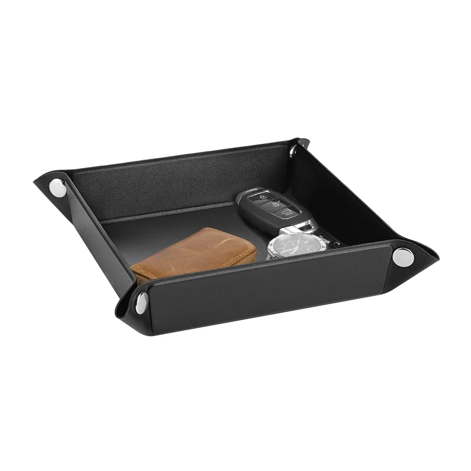 Luxspire Black PU Valet Tray for Keys, Coins, Jewelry & Phone | 16cm x 16cm (6.3" x 6.3") — Black