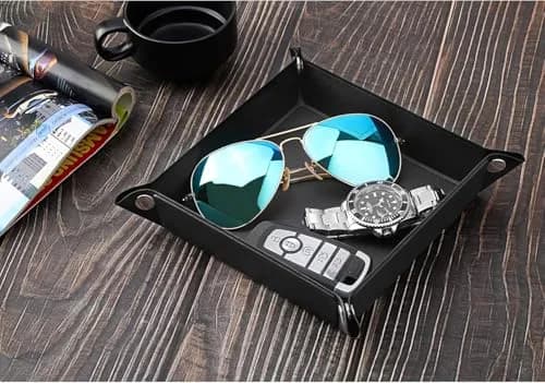 Luxspire Black PU Valet Tray for Keys, Coins, Jewelry & Phone | 16cm x 16cm (6.3" x 6.3") thumbnail 3