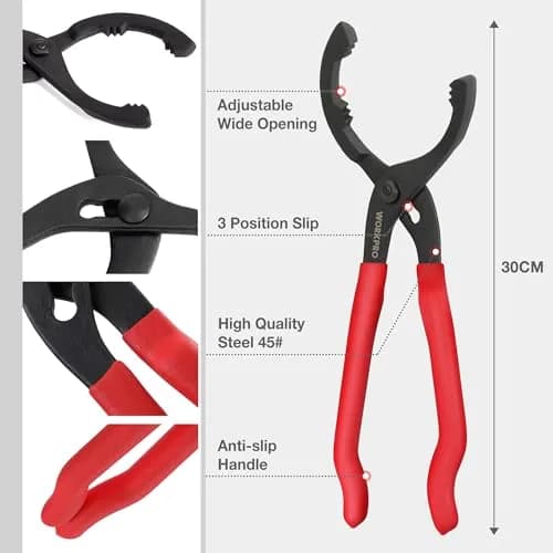 WORKPRO 12" Adjustable Oil Filter Pliers, Heavy Duty Steel Wrench with Bent Head & Red Grips | Fits 2-3/8" to 4-1/2" Filters thumbnail 4