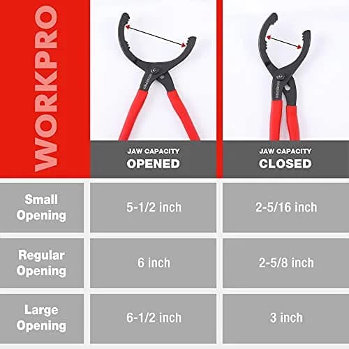 WORKPRO 12" Adjustable Oil Filter Pliers, Heavy Duty Steel Wrench with Bent Head & Red Grips | Fits 2-3/8" to 4-1/2" Filters thumbnail 6
