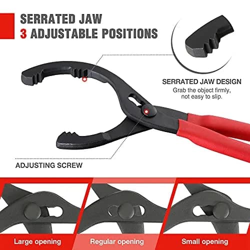 WORKPRO 12" Adjustable Oil Filter Pliers, Heavy Duty Steel Wrench with Bent Head & Red Grips | Fits 2-3/8" to 4-1/2" Filters thumbnail 2