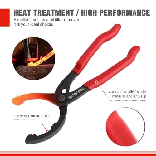 WORKPRO 12" Adjustable Oil Filter Pliers, Heavy Duty Steel Wrench with Bent Head & Red Grips | Fits 2-3/8" to 4-1/2" Filters thumbnail 3
