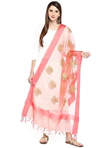 DUPATTA BAZAAR Peach Organza Dupatta with Gold Embroidery 244cm x 91cm | Lightweight Festive Accessory thumbnail 1