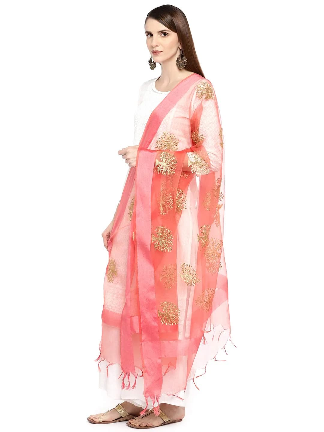 DUPATTA BAZAAR Peach Organza Dupatta with Gold Embroidery 244cm x 91cm | Lightweight Festive Accessory - view 2