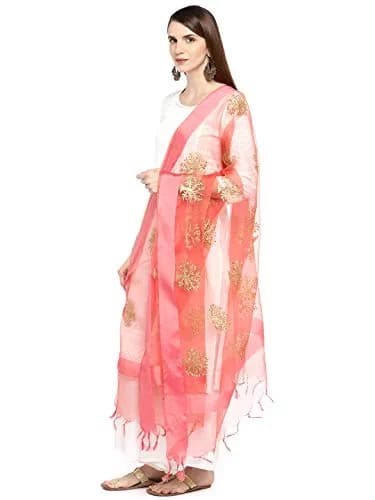 DUPATTA BAZAAR Peach Organza Dupatta with Gold Embroidery 244cm x 91cm | Lightweight Festive Accessory thumbnail 2
