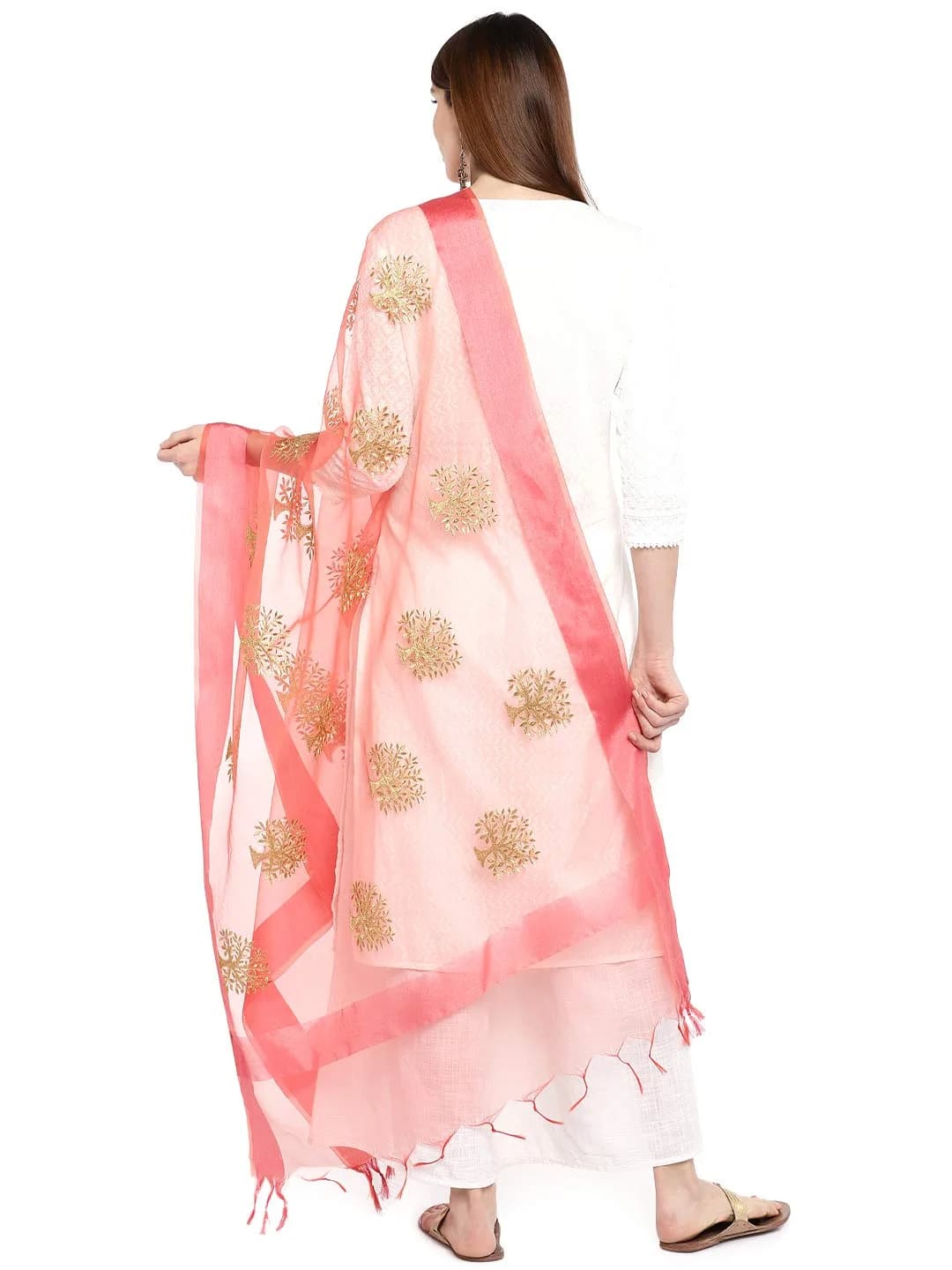 DUPATTA BAZAAR Peach Organza Dupatta with Gold Embroidery 244cm x 91cm | Lightweight Festive Accessory - view 3