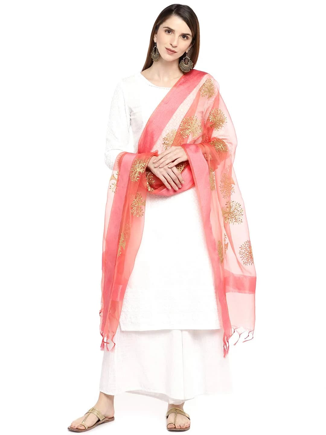 DUPATTA BAZAAR Peach Organza Dupatta with Gold Embroidery 244cm x 91cm | Lightweight Festive Accessory - view 4
