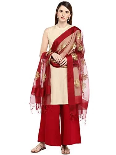 DUPATTA BAZAAR Woman's Maroon Organza Dupatta with Gold Embroidery 240cm (94") x 89cm (35") | Authentic Indian Festive Wear thumbnail 4