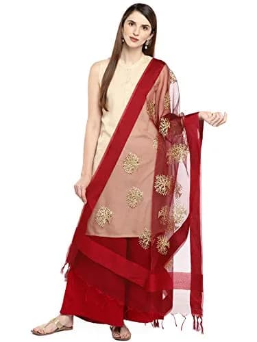 DUPATTA BAZAAR Woman's Maroon Organza Dupatta with Gold Embroidery 240cm (94") x 89cm (35") | Authentic Indian Festive Wear thumbnail 1
