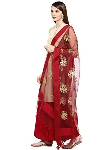 DUPATTA BAZAAR Woman's Maroon Organza Dupatta with Gold Embroidery 240cm (94") x 89cm (35") | Authentic Indian Festive Wear thumbnail 2