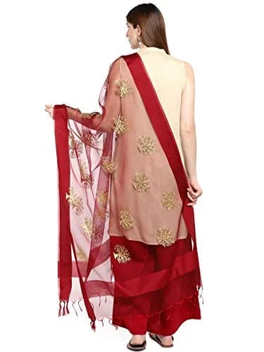 DUPATTA BAZAAR Woman's Maroon Organza Dupatta with Gold Embroidery 240cm (94") x 89cm (35") | Authentic Indian Festive Wear thumbnail 3