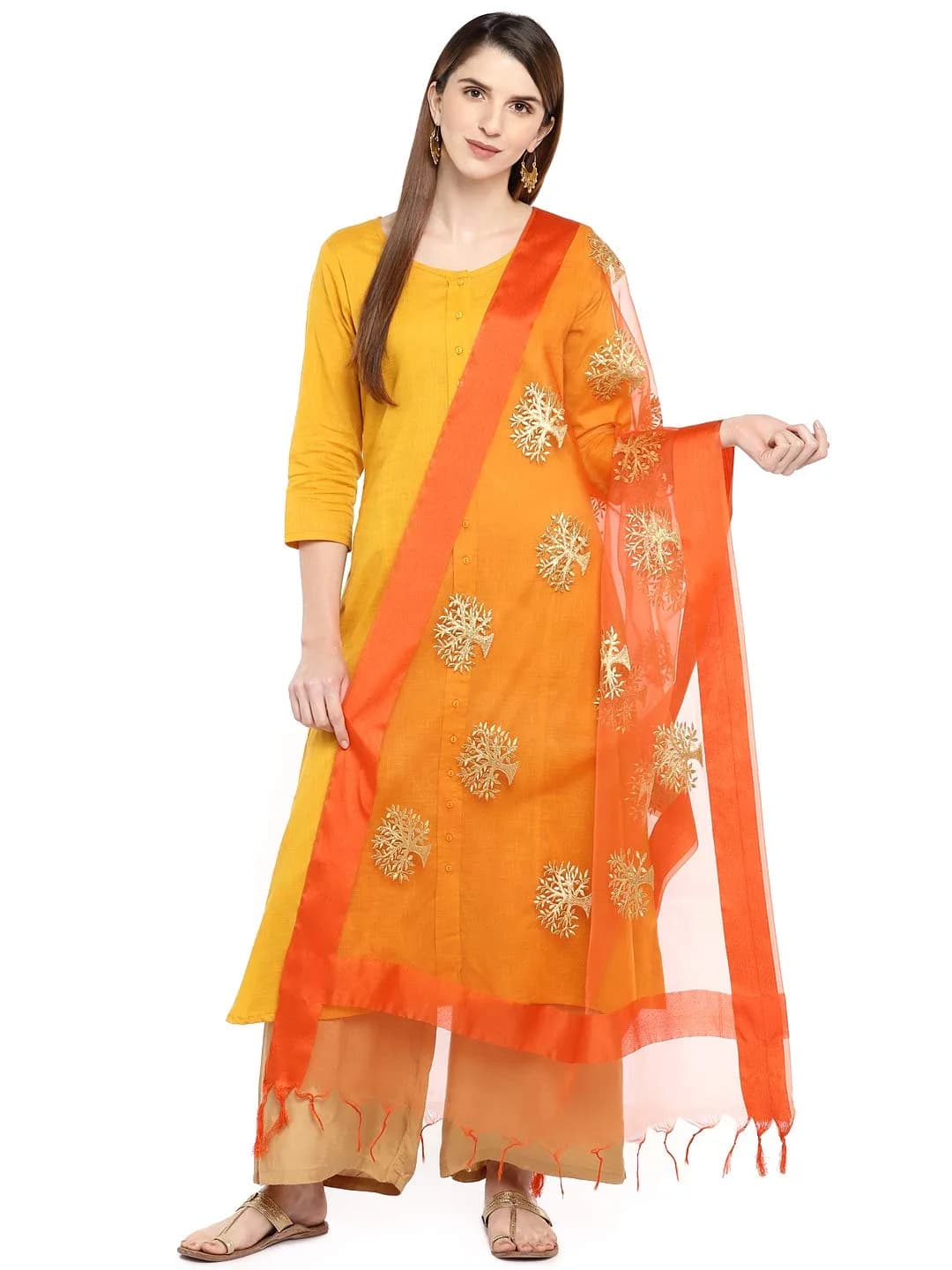 DUPATTA BAZAAR Orange Organza Dupatta with Gold Embroidery 240cm (94in) x 89cm (35in) | Woven Tree Motifs - main product image