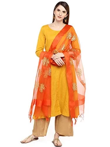 DUPATTA BAZAAR Orange Organza Dupatta with Gold Embroidery 240cm (94in) x 89cm (35in) | Woven Tree Motifs thumbnail 4