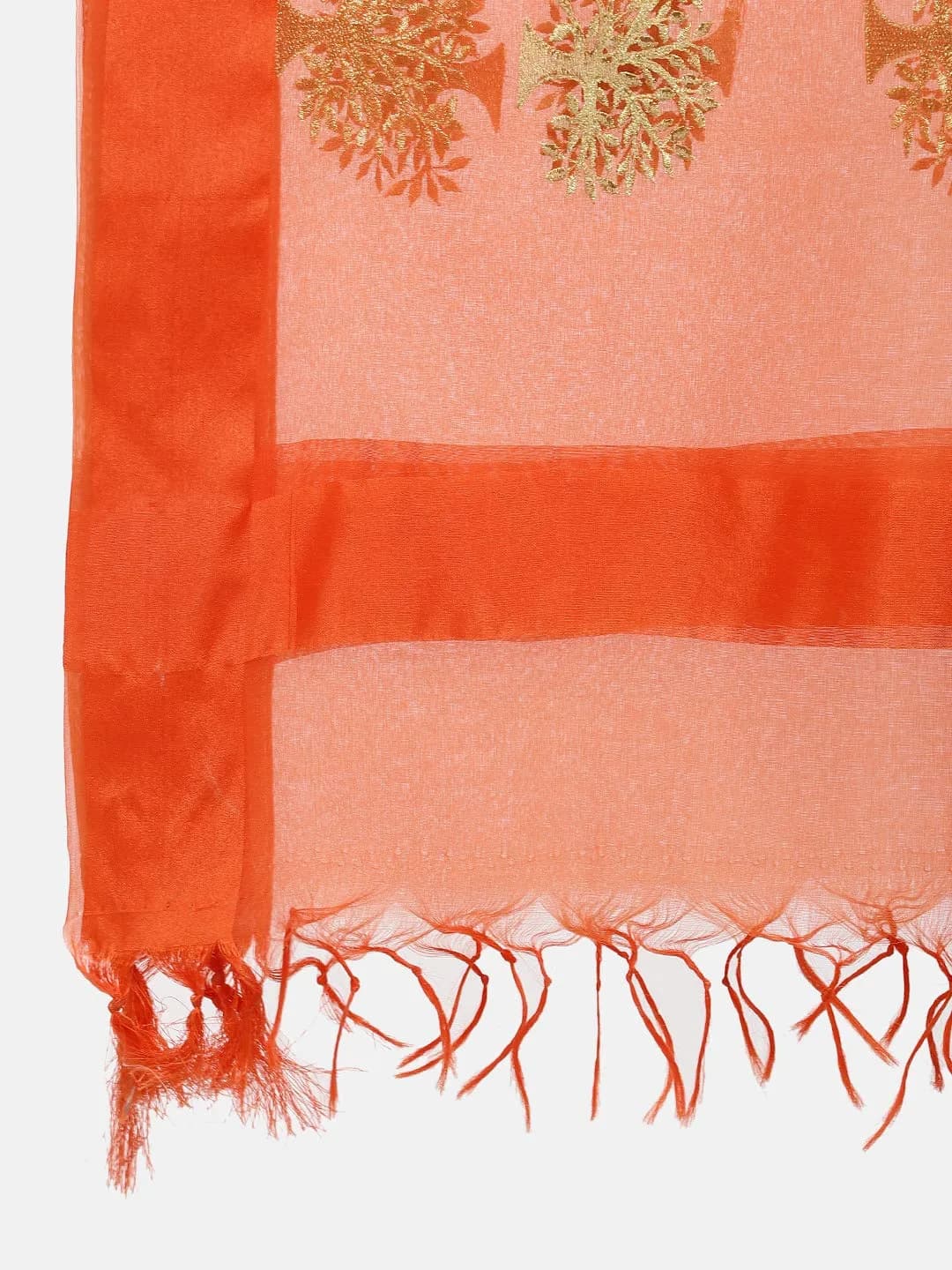 DUPATTA BAZAAR Orange Organza Dupatta with Gold Embroidery 240cm (94in) x 89cm (35in) | Woven Tree Motifs - view 5