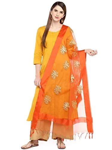 DUPATTA BAZAAR Orange Organza Dupatta with Gold Embroidery 240cm (94in) x 89cm (35in) | Woven Tree Motifs thumbnail 1