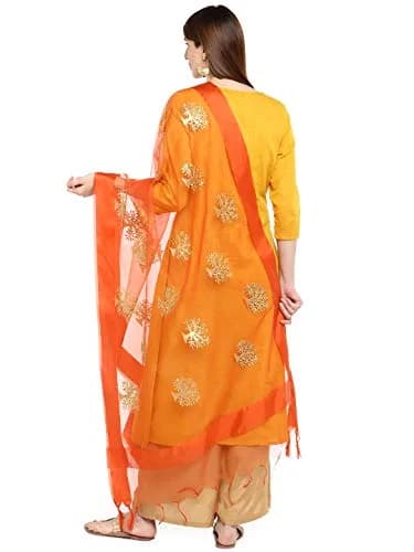 DUPATTA BAZAAR Orange Organza Dupatta with Gold Embroidery 240cm (94in) x 89cm (35in) | Woven Tree Motifs thumbnail 2