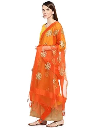 DUPATTA BAZAAR Orange Organza Dupatta with Gold Embroidery 240cm (94in) x 89cm (35in) | Woven Tree Motifs thumbnail 3