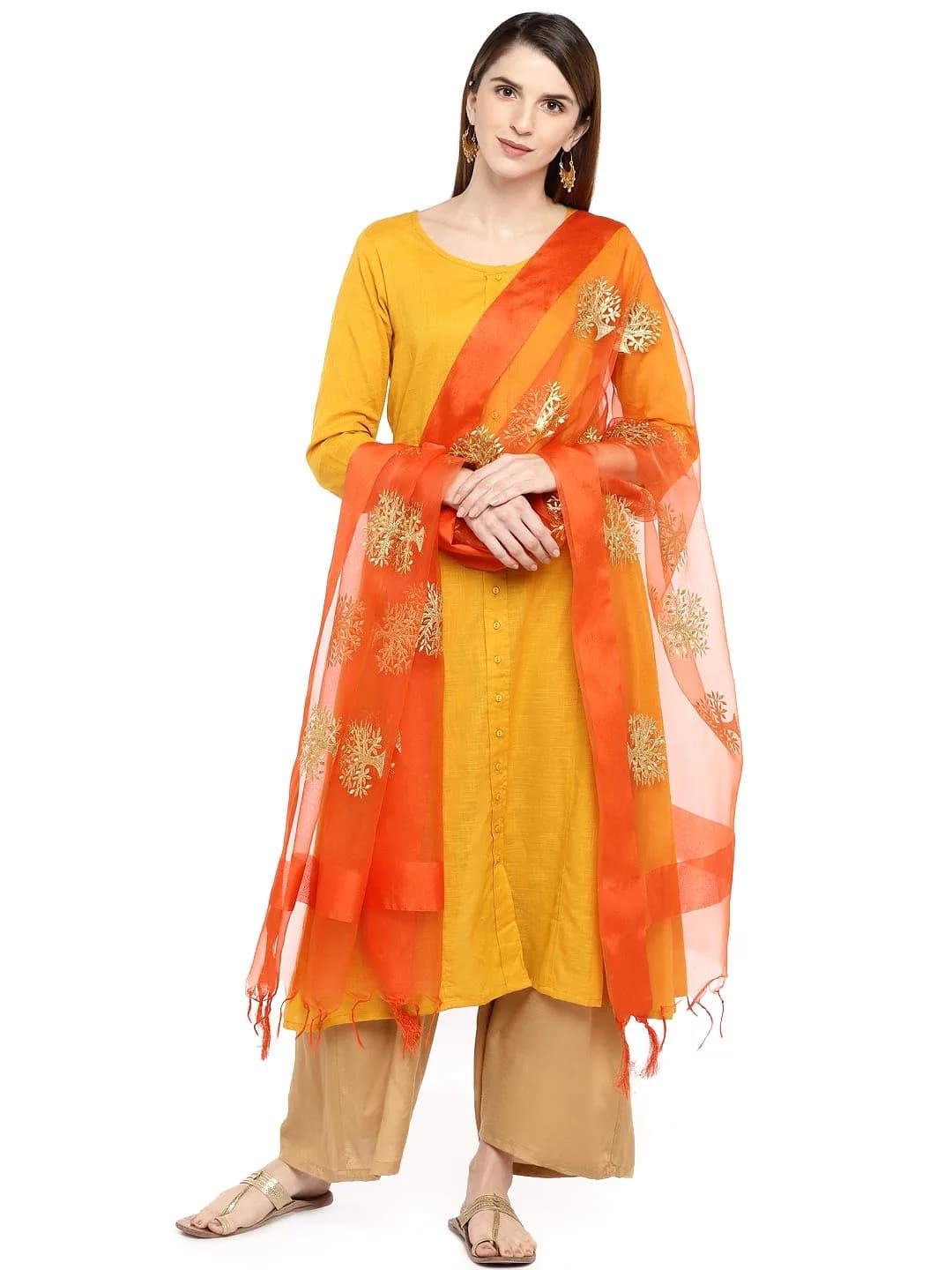 DUPATTA BAZAAR Orange Organza Dupatta with Gold Embroidery 240cm (94in) x 89cm (35in) | Woven Tree Motifs - view 4