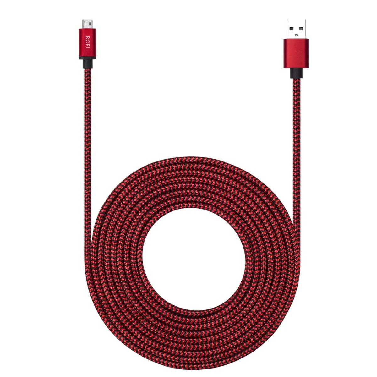 RoFI Red Micro USB Cable 15ft (4.57m) with 3A Fast Charging | Durable Nylon Braided Charger Cord — Red