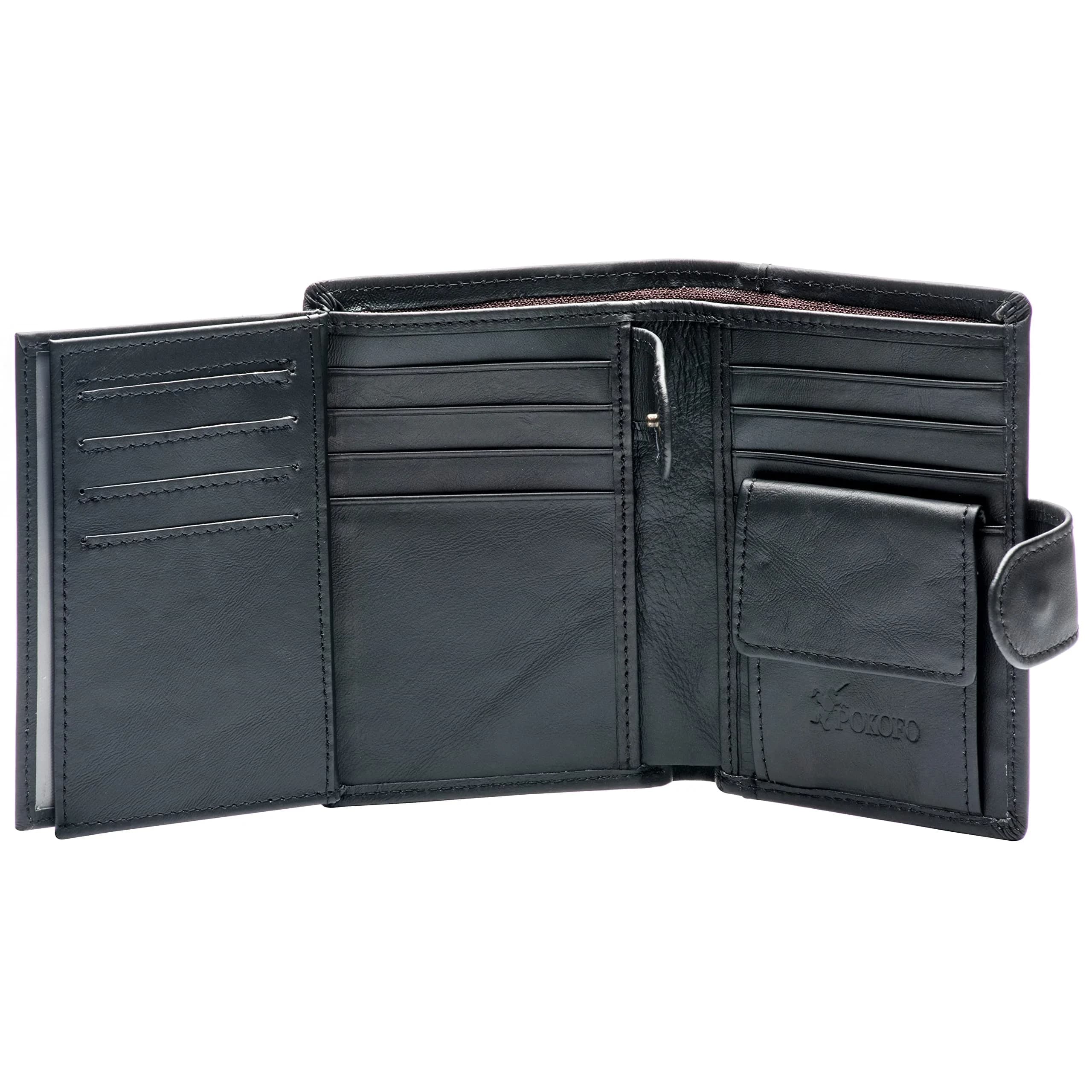 POKOFO RFID Genuine Leather Trifold Wallet with Snap Closure & 10 Card Slots | 11.7 cm (4.6") x 8.9 cm (3.5") x 1.5 cm (0.6") — Black Large