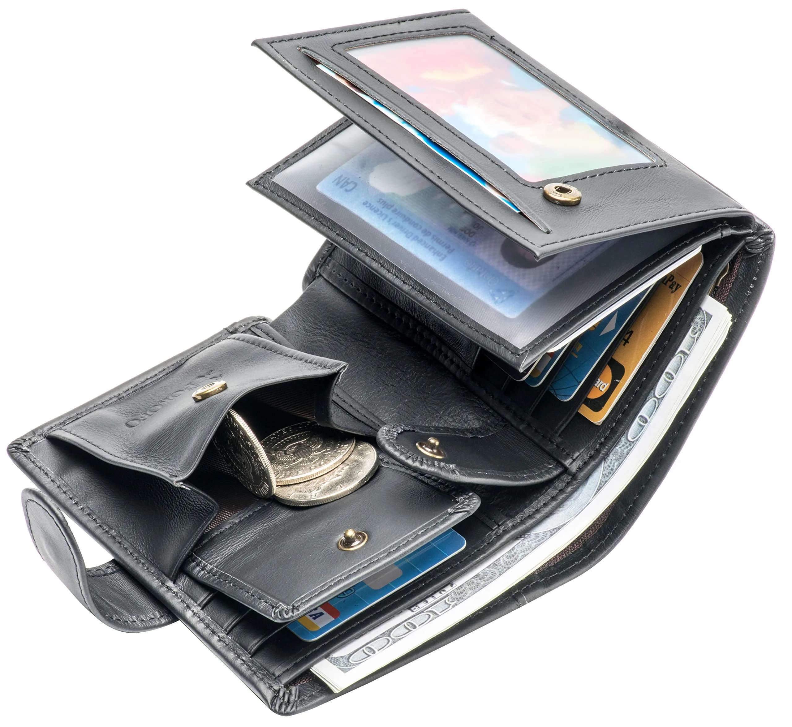POKOFO Large RFID Genuine Leather Trifold Wallet for Men - Black, 12.7cm (5") - view 4