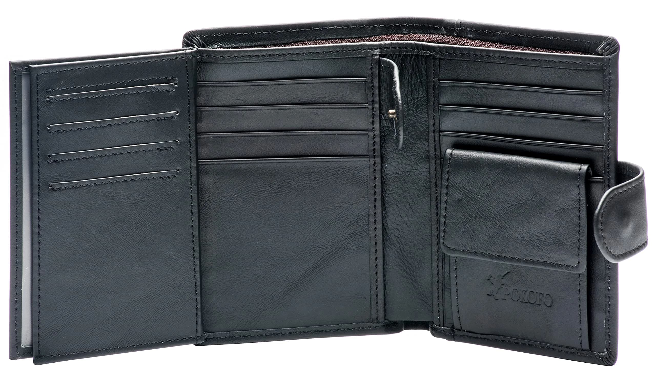POKOFO Large RFID Genuine Leather Trifold Wallet for Men (Chocolate) 12.7cm (5") | Classic Design, 14 Card Slots — Black Large