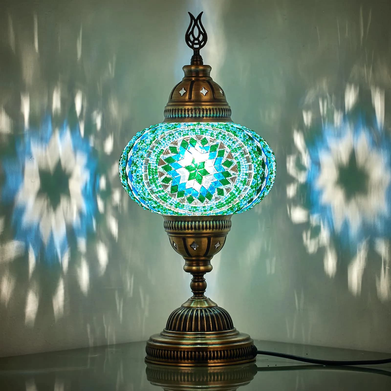 DEMMEX 7" Large Globe Turkish Moroccan Mosaic Table Lamp | Handcrafted Tiffany-Style Colorful Glass Bedside & Decor (14" H, Turquoise) — Turquoise