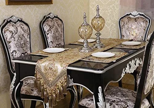 OZXCHIXU European Jacquard Fabric Multi-Tassels Table Runner 14x120 inch | Elegant Khaki Design with Textured Tassels thumbnail 5