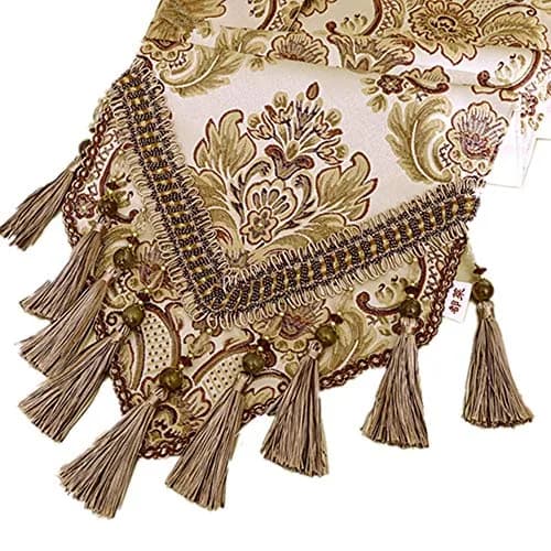 OZXCHIXU European Jacquard Fabric Multi-Tassels Table Runner 14x120 inch | Elegant Khaki Design with Textured Tassels thumbnail 2