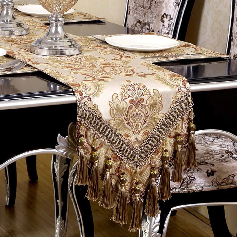 OZXCHIXU European Jacquard Fabric Multi-Tassels Table Runner 14x54 inch | Elegant Floral Design with Non-Slip Backing — 14x54 inch