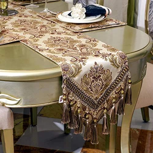 OZXCHIXU European Jacquard Fabric Multi-Tassels Table Runner 14x54 inch | Elegant Floral Design with Non-Slip Backing thumbnail 4