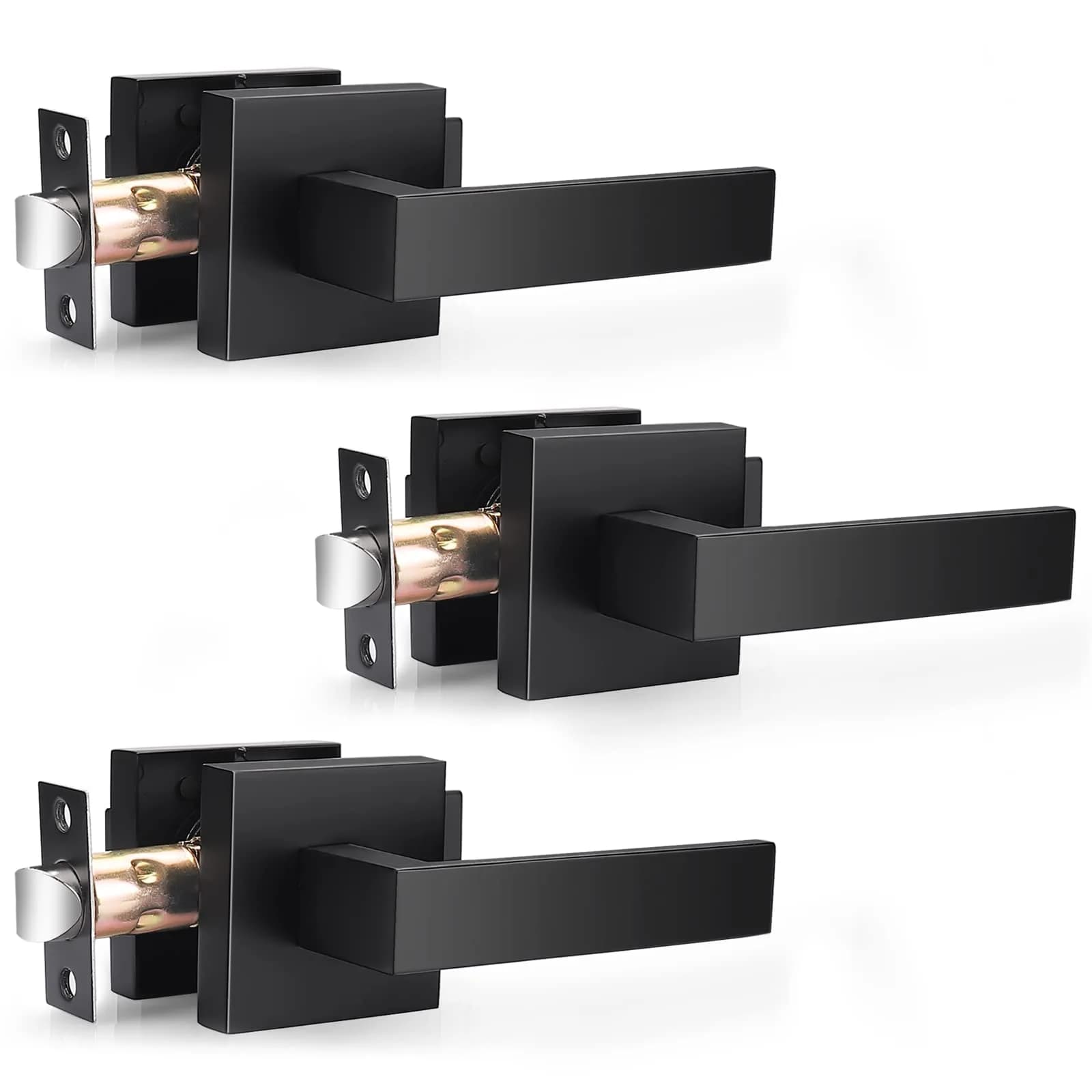 Probrico Heavy Duty Interior Door Handles, Matte Black Passage Square Non-Locking Zinc Alloy Closet Levers, Reversible for Left/Right-Handed Door, 3 Pack — 3-Pack