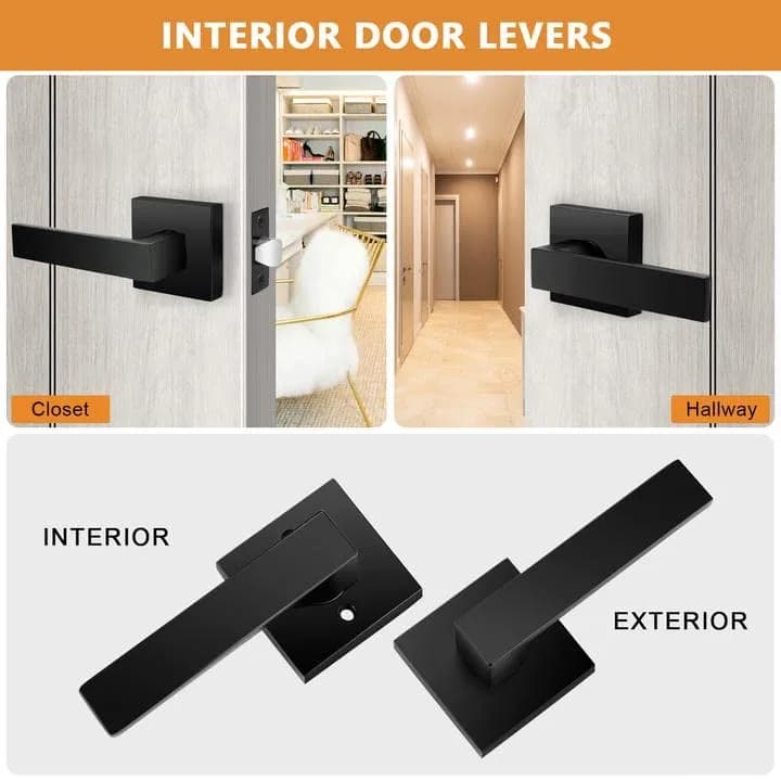 Probrico Heavy Duty Interior Door Handles, Matte Black Passage Square Non-Locking Zinc Alloy Closet Levers, Reversible for Left/Right-Handed Door, 3 Pack thumbnail 2