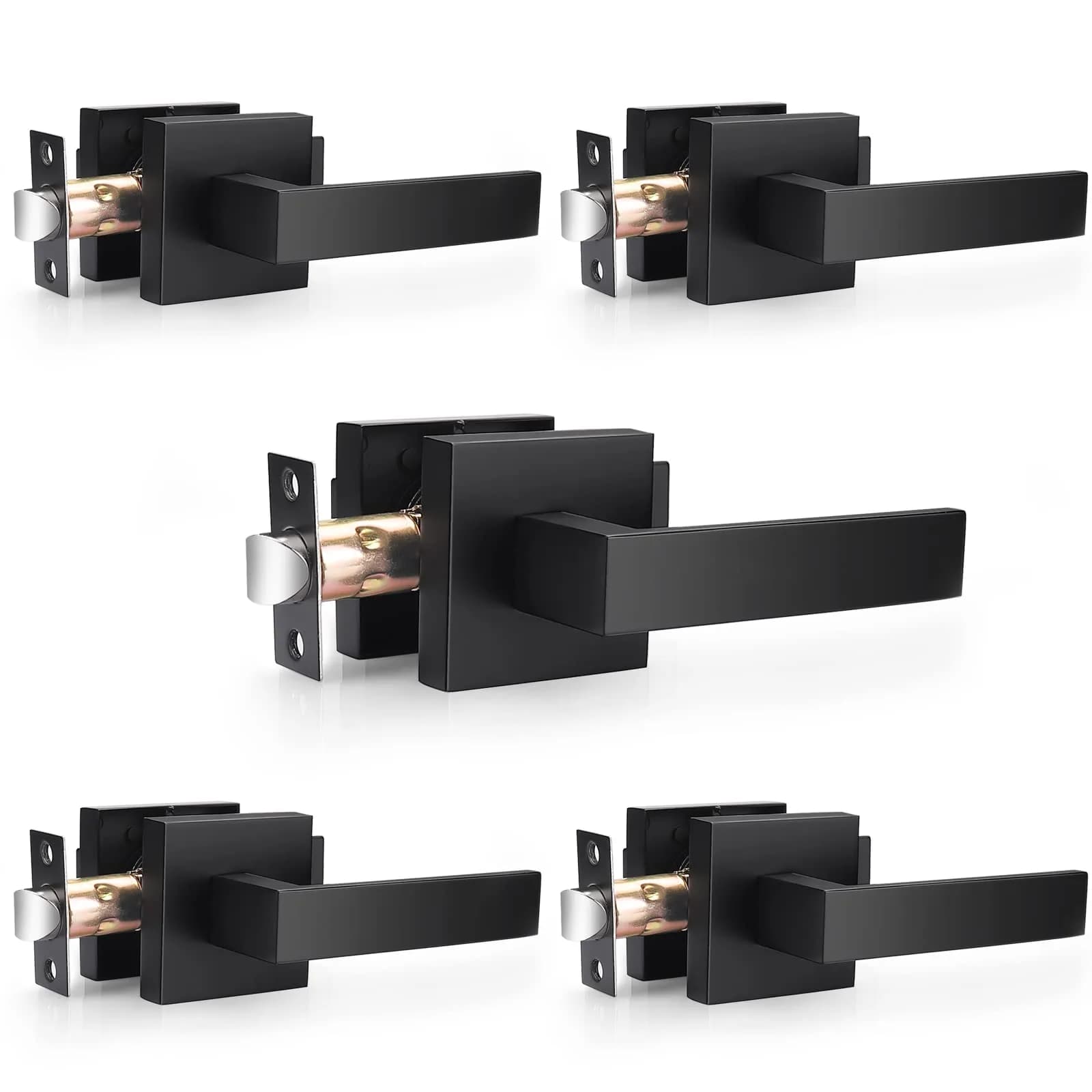 Probrico Reversible Interior Door Handles 5 Pack | Heavy Duty Zinc Alloy, Matte Black, Square Levers — Black