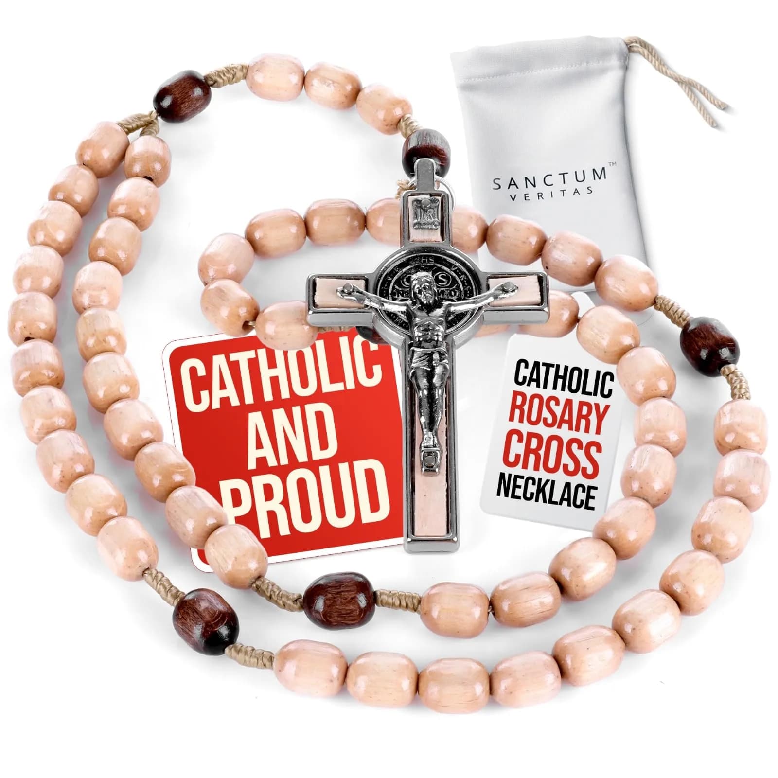 SANCTUM VERITAS Natural Wood Catholic Rosary Necklace | Large Italian Prayer Beads Gift 21.5 cm - main product image
