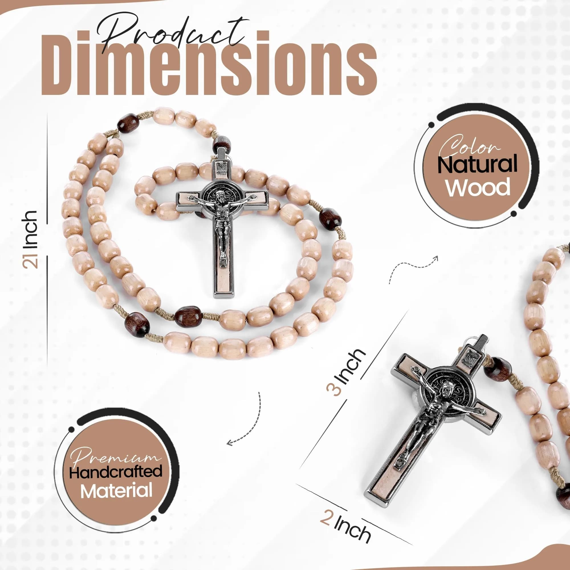 SANCTUM VERITAS Natural Wood Catholic Rosary Necklace | Large Italian Prayer Beads Gift 21.5 cm - view 2