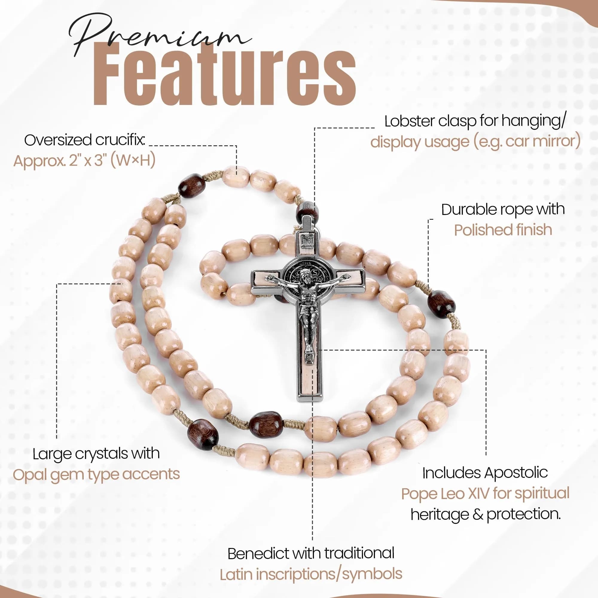 SANCTUM VERITAS Natural Wood Catholic Rosary Necklace | Large Italian Prayer Beads Gift 21.5 cm - view 3