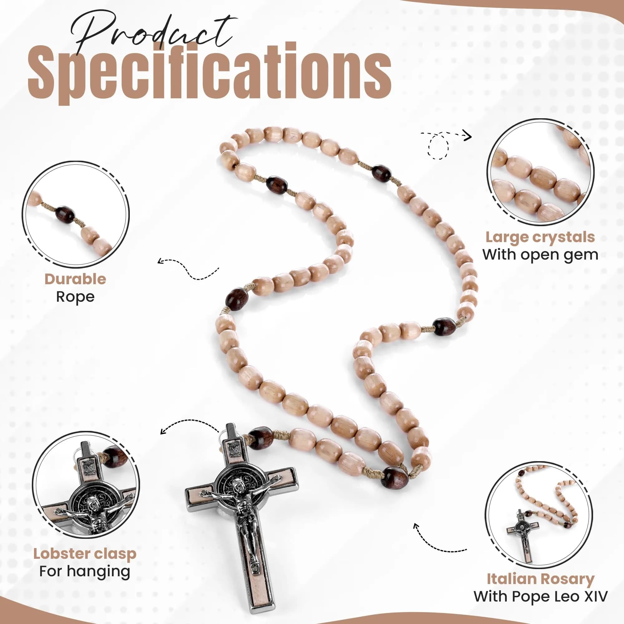 SANCTUM VERITAS Natural Wood Catholic Rosary Necklace | Large Italian Prayer Beads Gift 21.5 cm - view 4