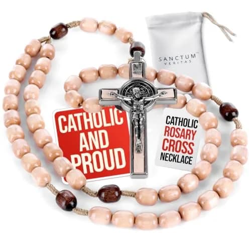 SANCTUM VERITAS Catholic Rosary Necklace | Large Italian Prayer Beads Gift 21.5 cm (8.5 inches) — Natural Wood
