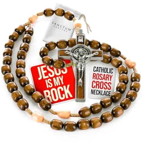 SANCTUM VERITAS Catholic Rosary Necklace | Large Italian Prayer Beads Gift 21.5 cm (8.5 inches) — Walnut Wood