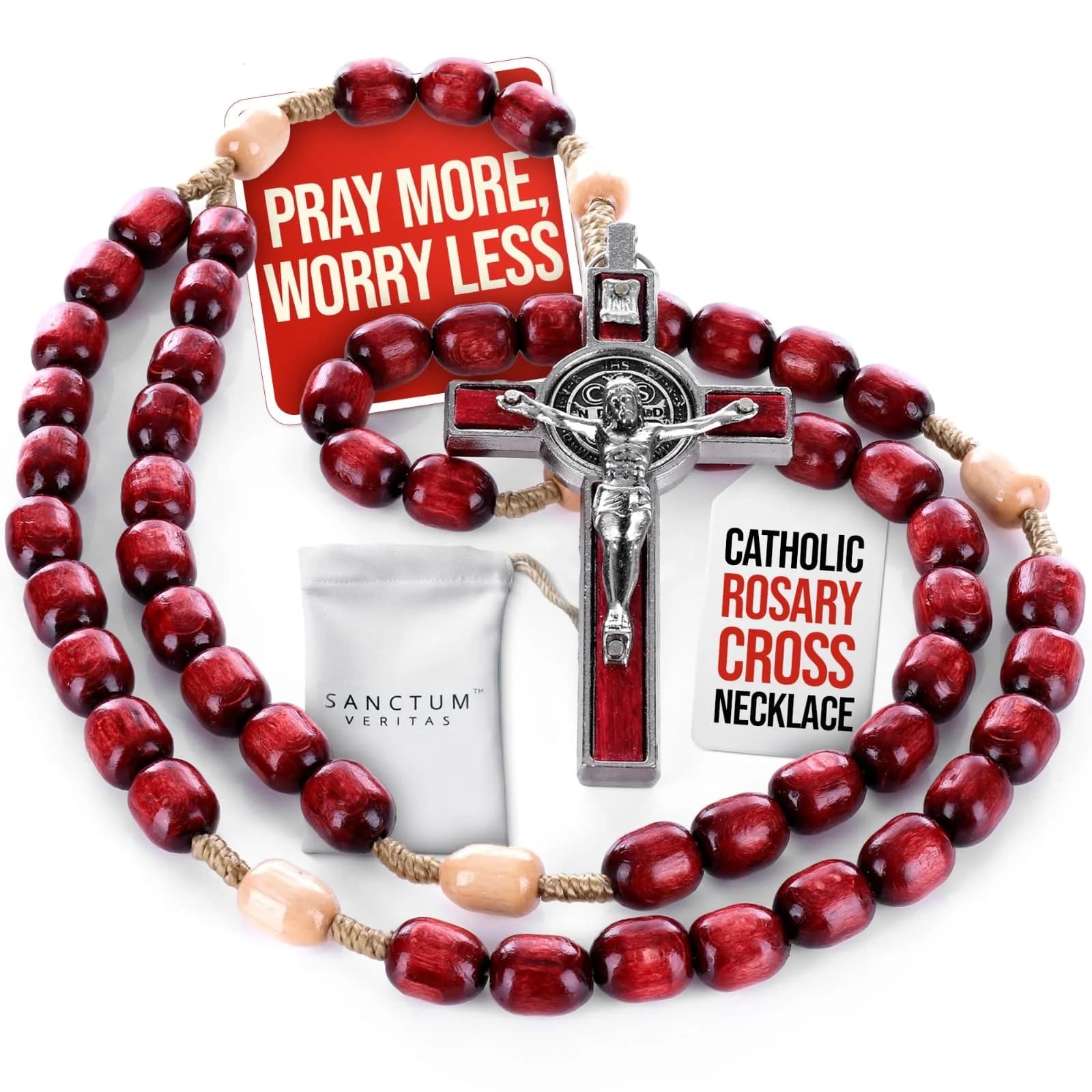 SANCTUM VERITAS Deep Red Large Italian Catholic Rosary Necklace | 21.5 cm (8.5 inches) Prayer Beads - main product image