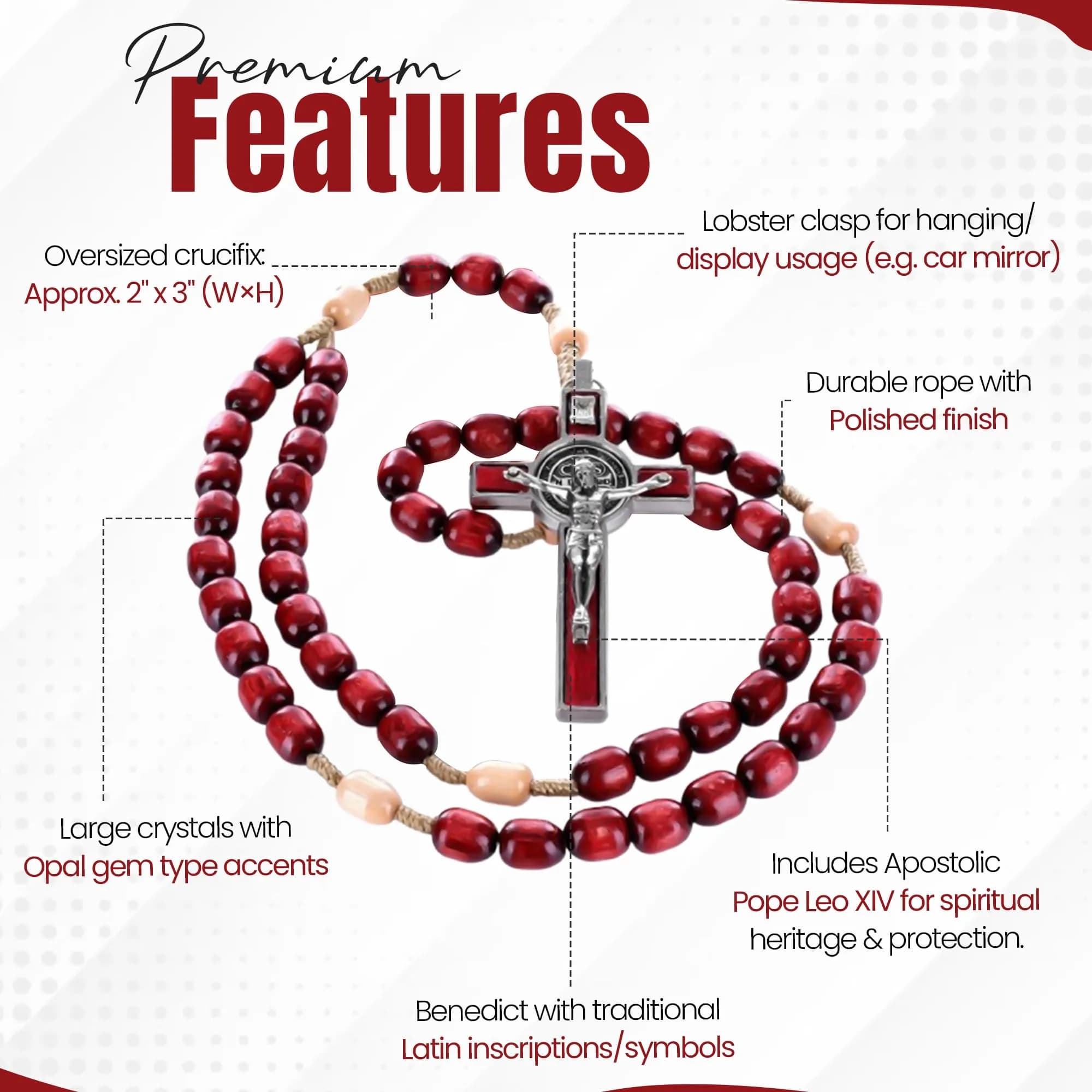 SANCTUM VERITAS Deep Red Large Italian Catholic Rosary Necklace | 21.5 cm (8.5 inches) Prayer Beads - view 3